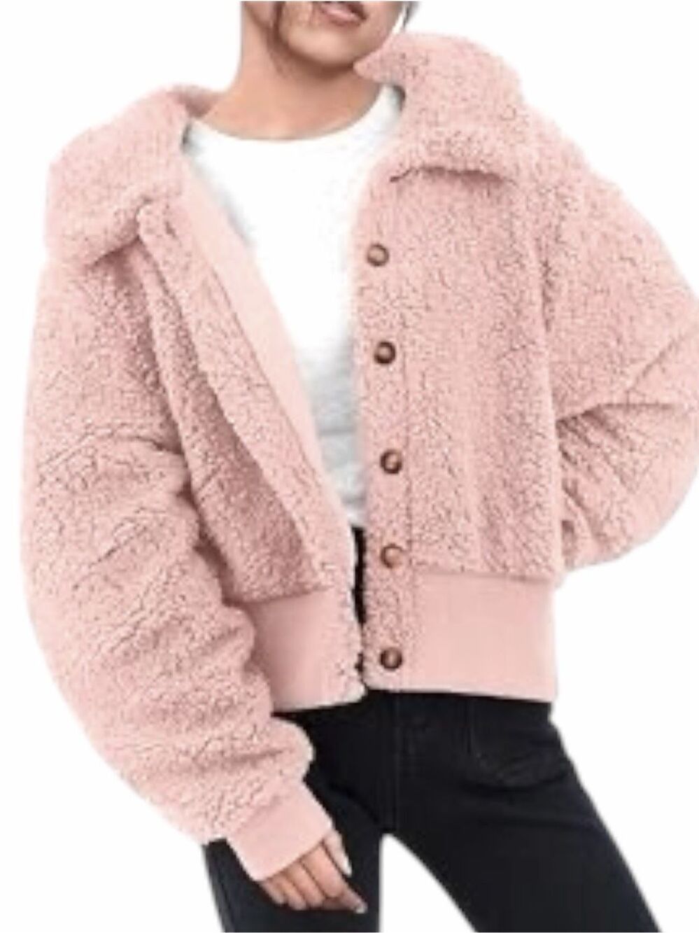 LOVE CHEMIZTRY Pink Sherpa Teddy Jacket Cropped Bomber Button Front Cozy Large